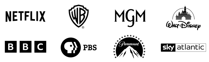Netflix, Warner Brothers, MGM, Walt Disney, BBC, PBS, Paramount, Sky Atlantic Logos
