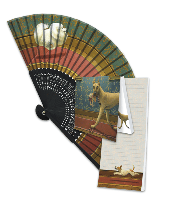 Ventaglio, post it e blocco note con illustrazioni di cani