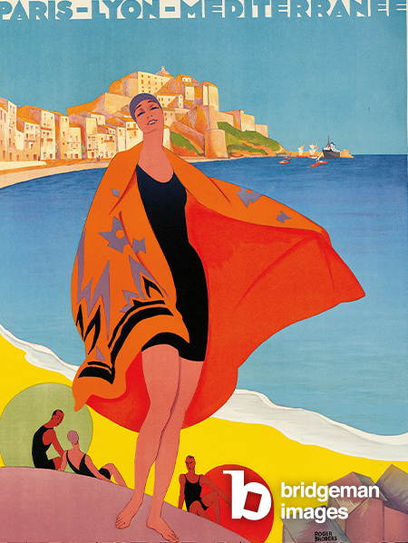 La Plage de Calvi, Corse, 1928 (colour litho), Broders, Roger (1883-1953)  Private Collection  Photo © Christies Images  Bridgeman Images