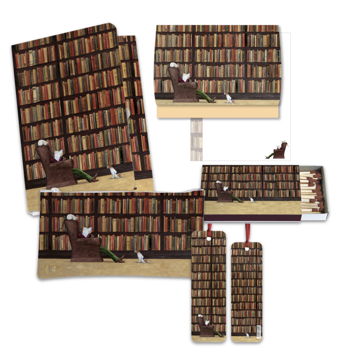 quaderno, astuccio, carta da lettere con illustrazioni biblioteca 