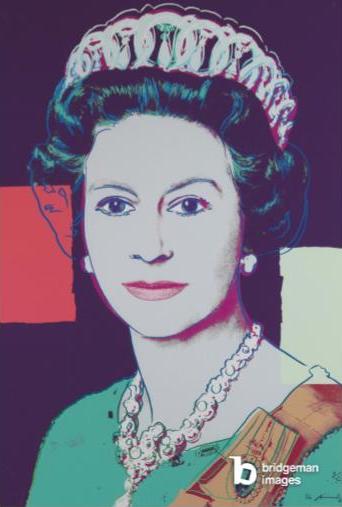Queen Elizabeth II of the United Kingdom, from 'Reigning Queens', 1985 (colour screenprint on Lenox museum board), Warhol, Andy (1928-87) / American, Private Collection© 2022 The Andy Warhol Foundation for the Visual Arts, Inc. / Licensed by DACS, London / Photo © Christie's Images / Bridgeman Images