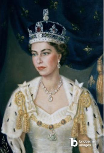 Portrait of Queen Elizabeth II wearing coronation robes and the Imperial State Crown, Burgh, Lydia de (1923-2007) / British, Government of Northern Ireland, Stormont, N. Ireland© Lydia de Burgh / Bridgeman Images