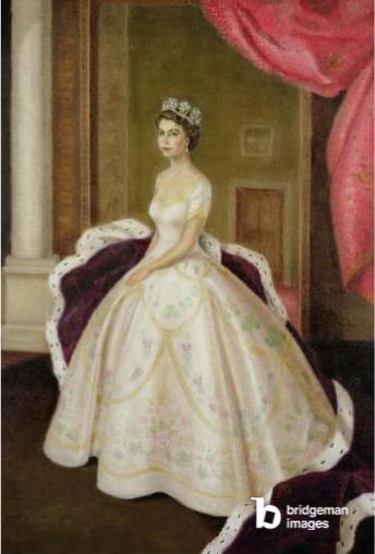 Queen Elizabeth II (b.1926) (oil on canvas), Burgh, Lydia de (1923-2007) / British,coronation dress with emblems of England, Ireland, Wales and Scotland;© Lydia de Burgh / Bridgeman Images