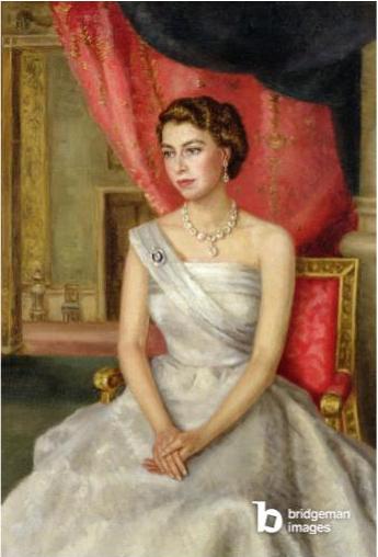 Queen Elizabeth II (b.1926) (oil on canvas), Burgh, Lydia de (1923-2007) / British, Private Collection, 61x50.8 cms© Lydia de Burgh / Bridgeman Images